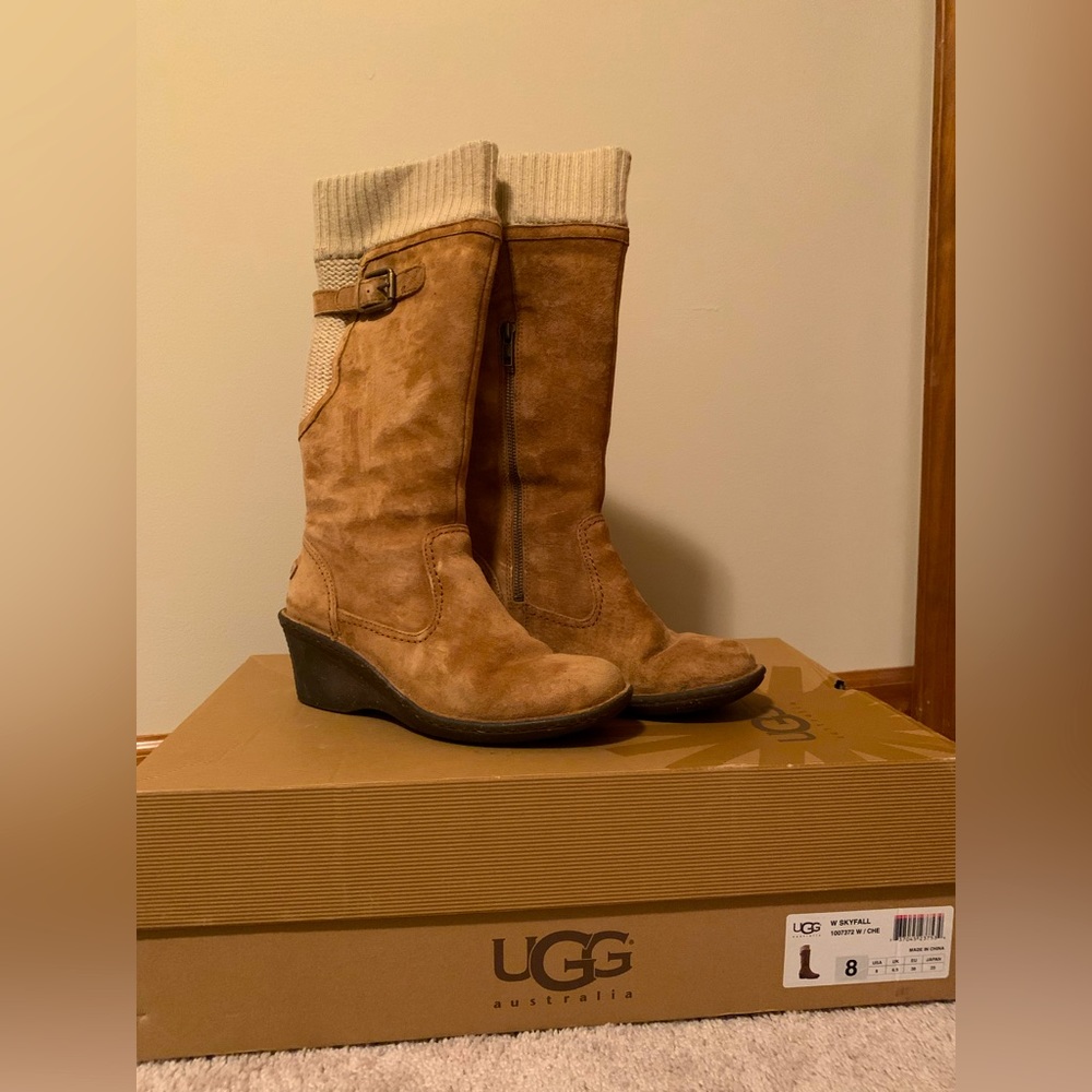 UGG Skyfall Shearling Boots Women Tan Suede Wool Lined Knee-High Wedge 1007372